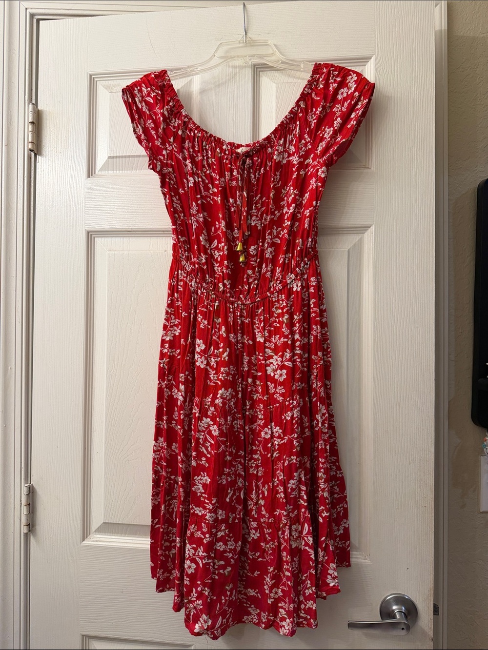 Women’s Red Floral Midi Dress with Smocked Waist